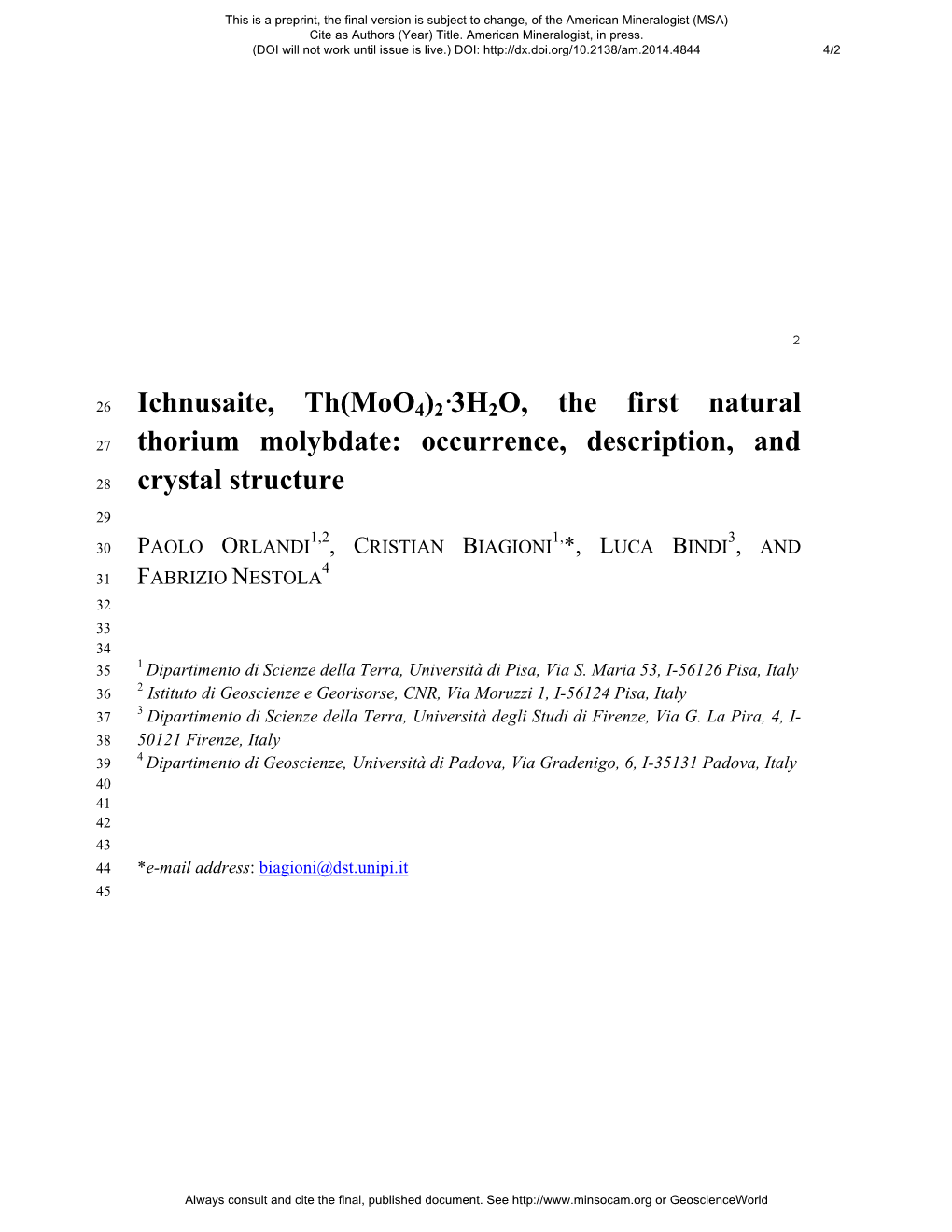 Ichnusaite, Th(Moo4)2·3H2O, the First Natural Thorium Molybdate