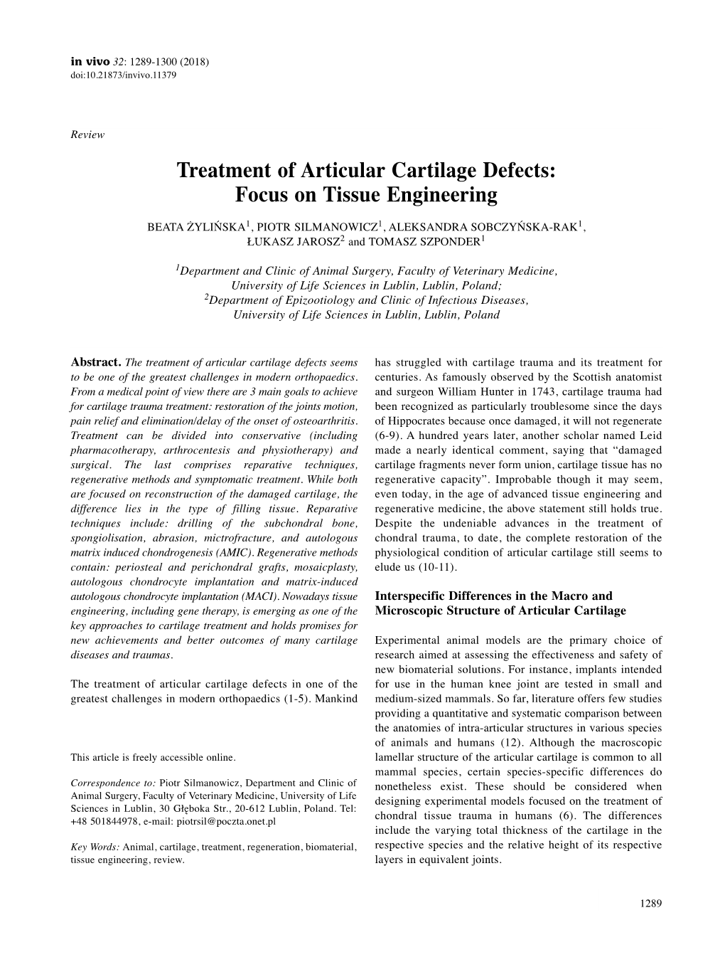 Treatment of Articular Cartilage Defects