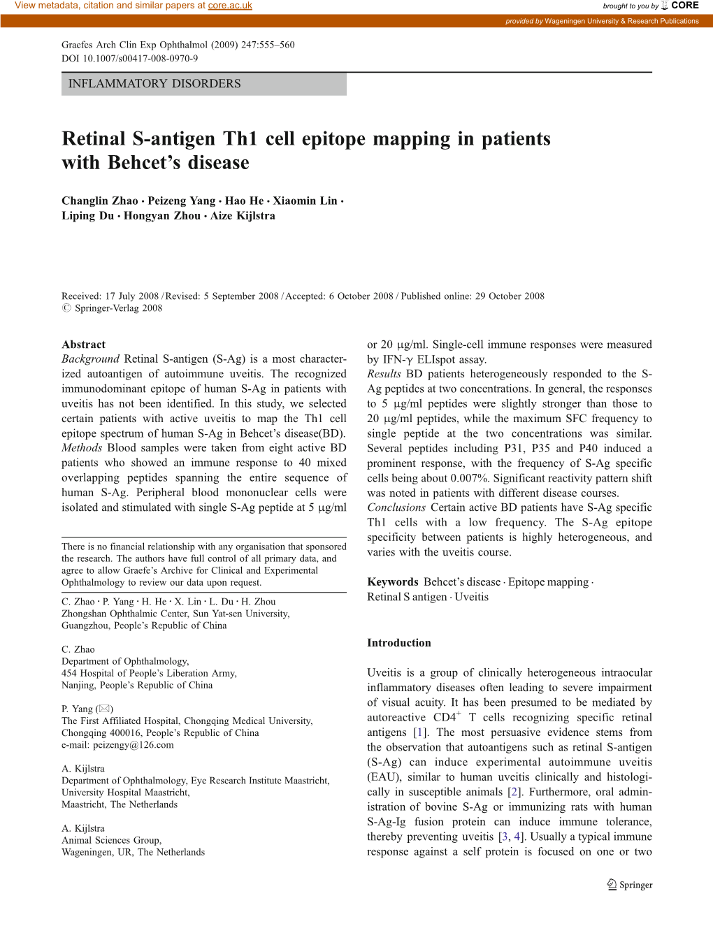 Retinal S-Antigen Th1 Cell Epitope Mapping in Patients with Behcet's Disease