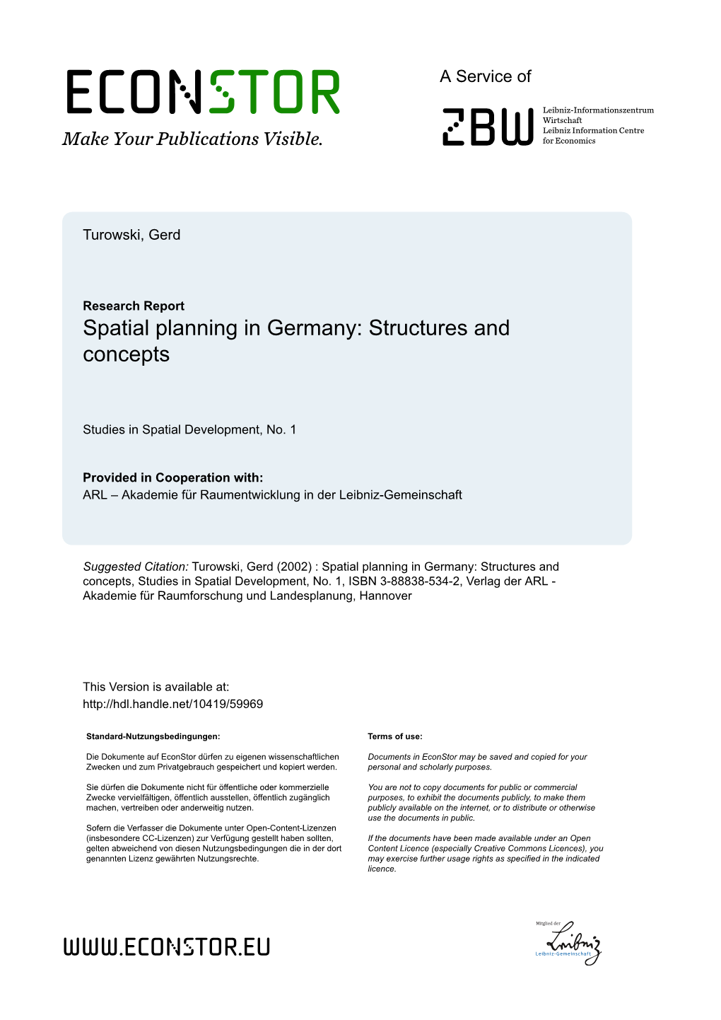 Spatial Planning in Germany: Structures and Concepts
