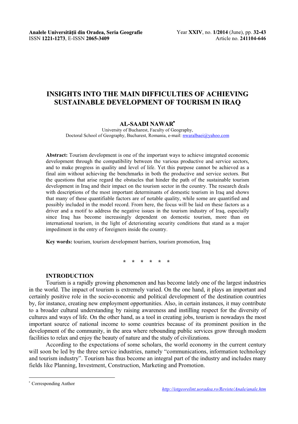 Insights Into the Main Difficulties of Achieving Sustainable Development of Tourism in Iraq