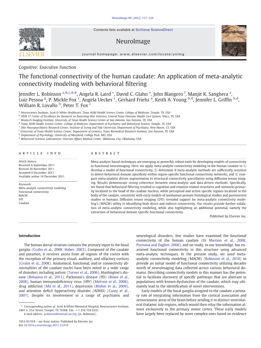 The Functional Connectivity of the Human Caudate: an Application of Meta-Analytic Connectivity Modeling with Behavioral ﬁltering