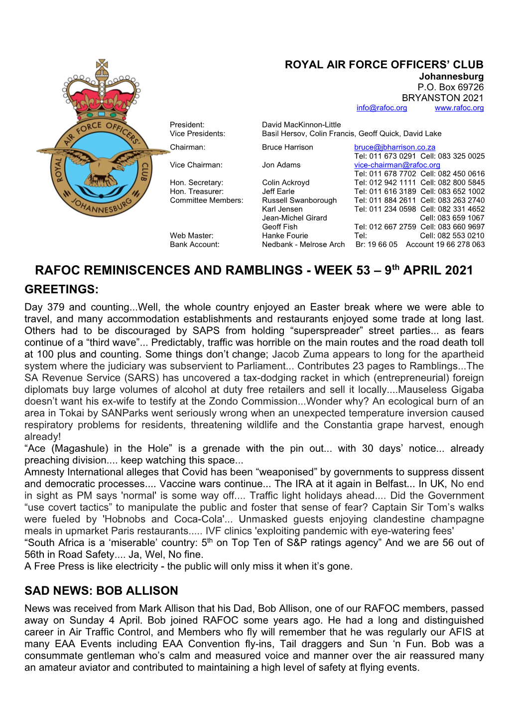 RAFOC REMINISCENCES and RAMBLINGS - WEEK 53 – 9Th APRIL 2021