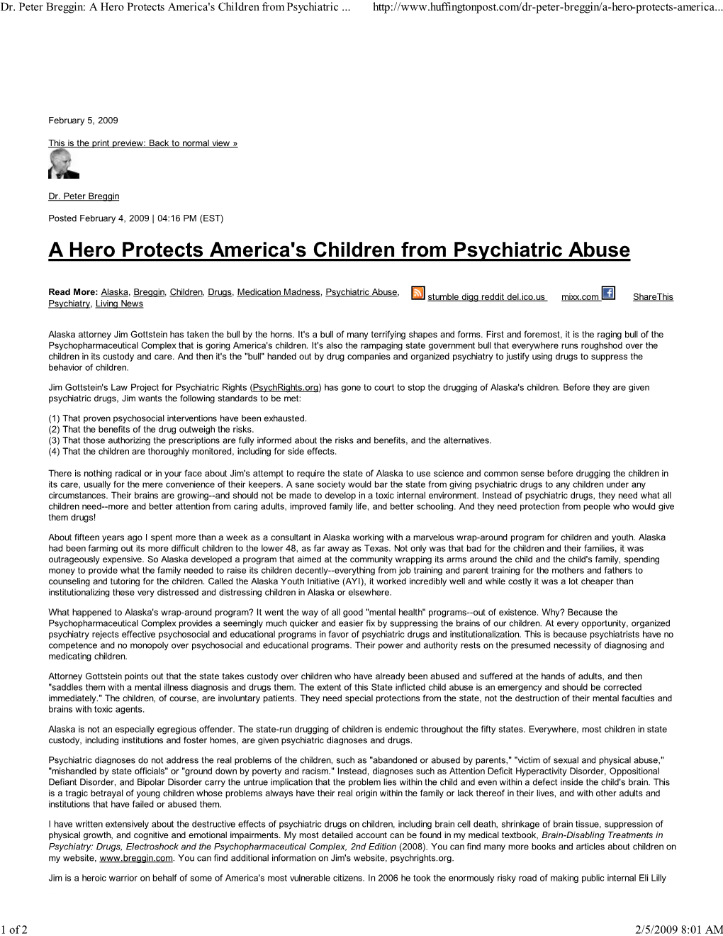 Dr. Peter Breggin: a Hero Protects America's Children from Psychiatric