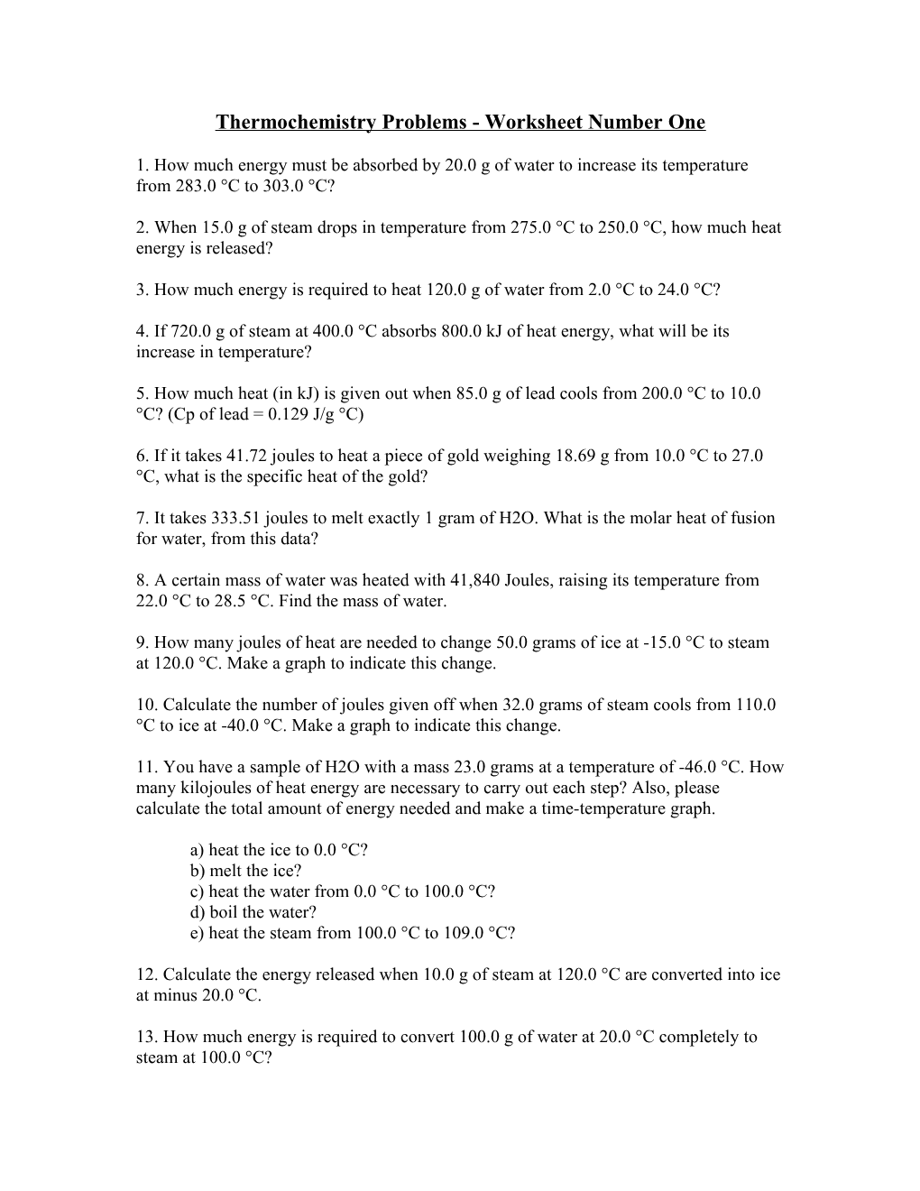 Thermochemistry Problems - Worksheet Number One