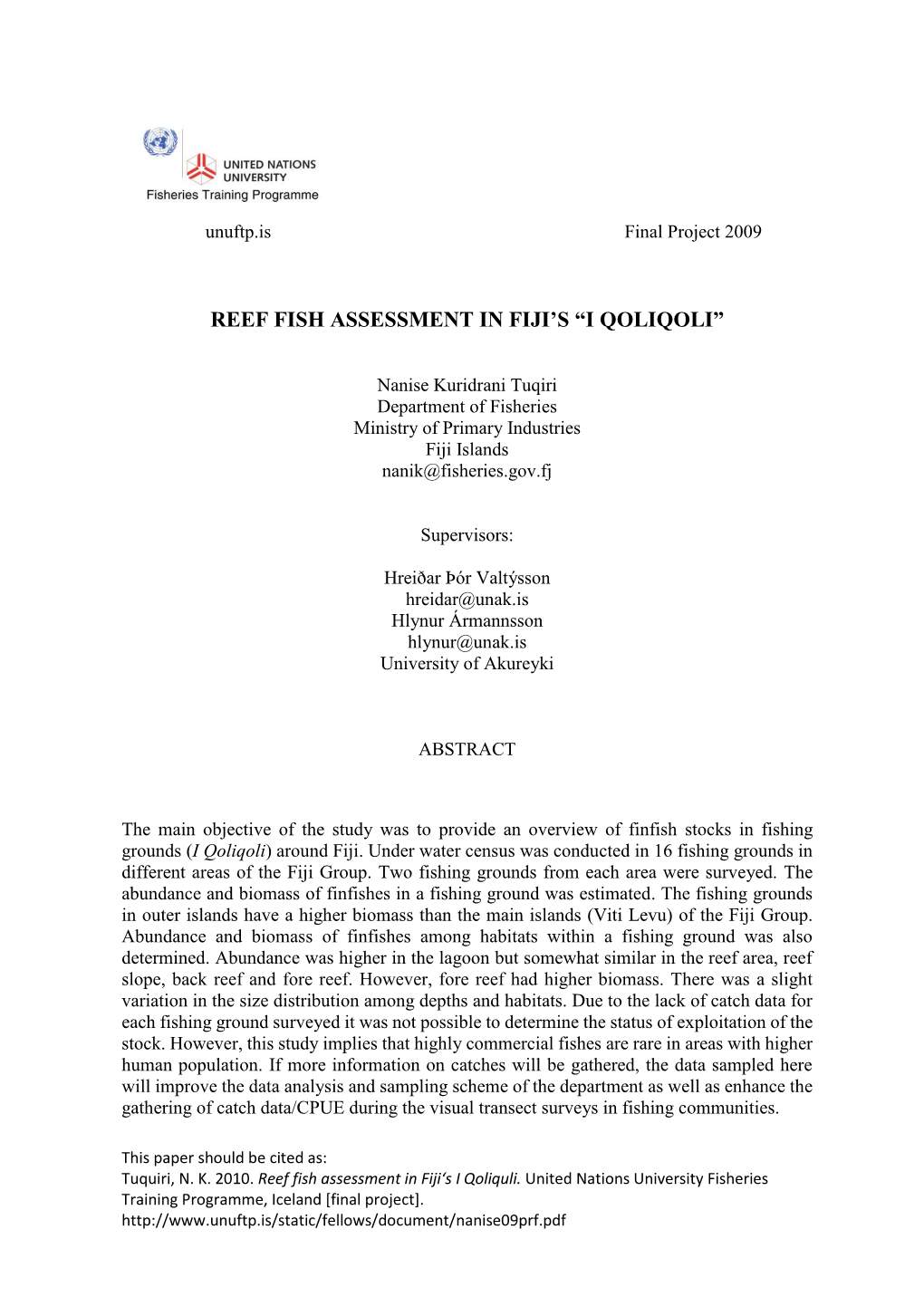 Reef Fish Assessment in Fiji's “I Qoliqoli”