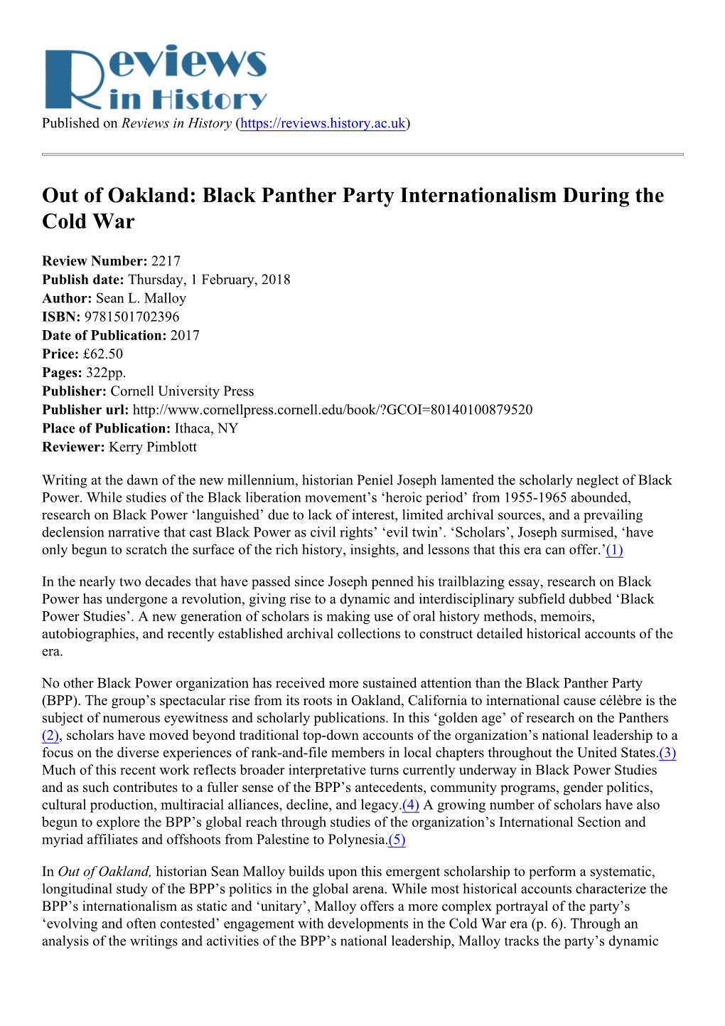 Black Panther Party Internationalism During the Cold War