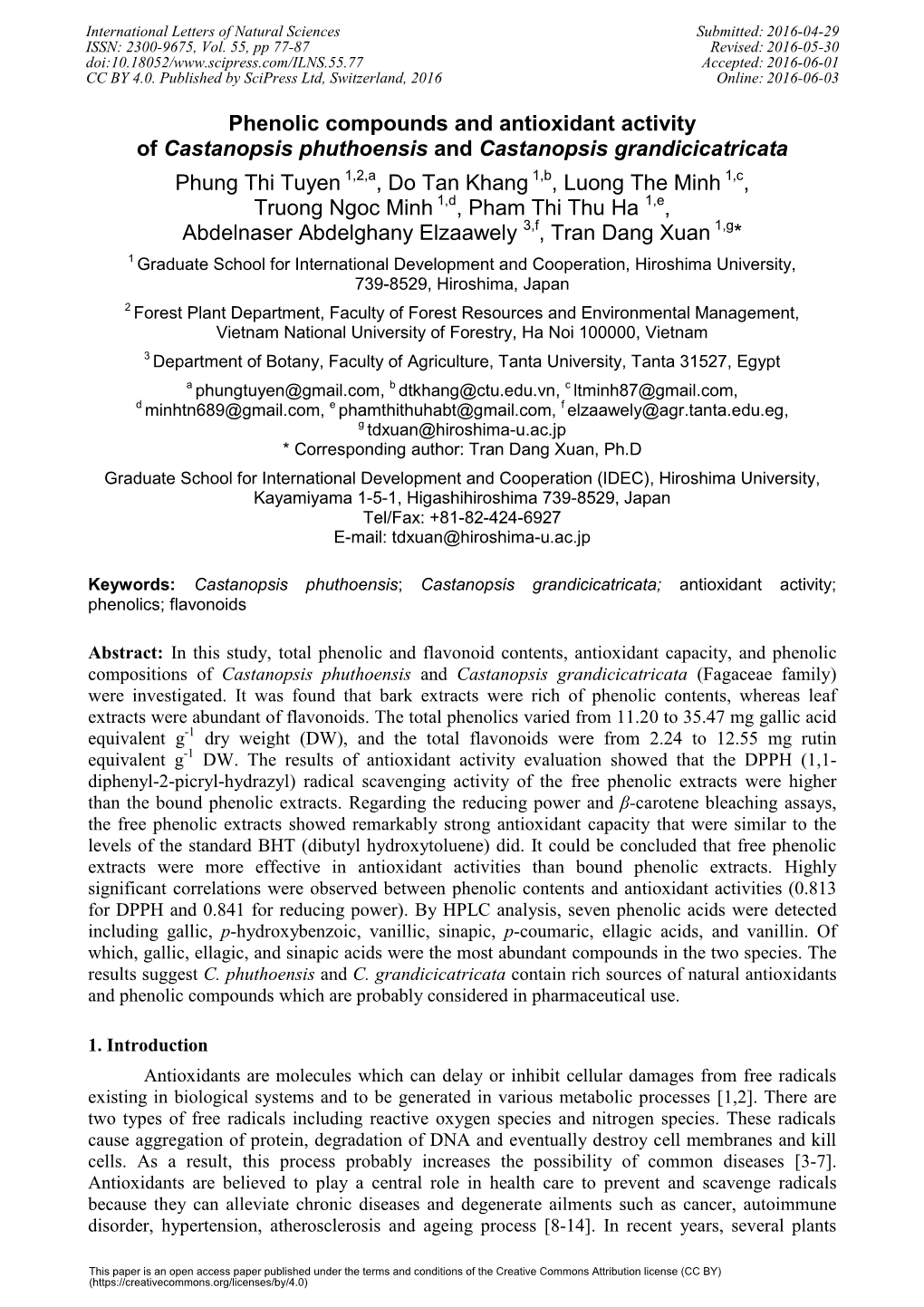 Phenolic Compounds and Antioxidant Activity of Castanopsis Phuthoensis