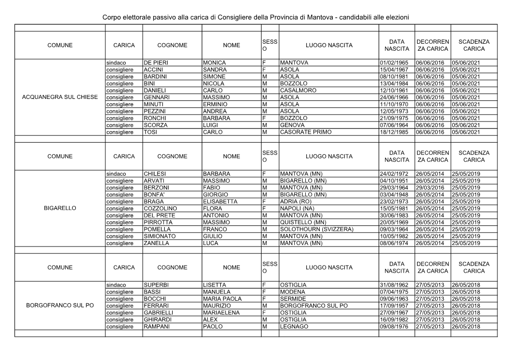 Corpo Elettorale Passivo Alla Carica Di Consigliere Della Provincia Di Mantova - Candidabili Alle Elezioni