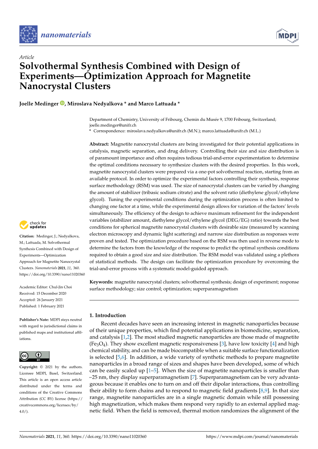 Solvothermal Synthesis Combined with Design of Experiments—Optimization Approach for Magnetite Nanocrystal Clusters