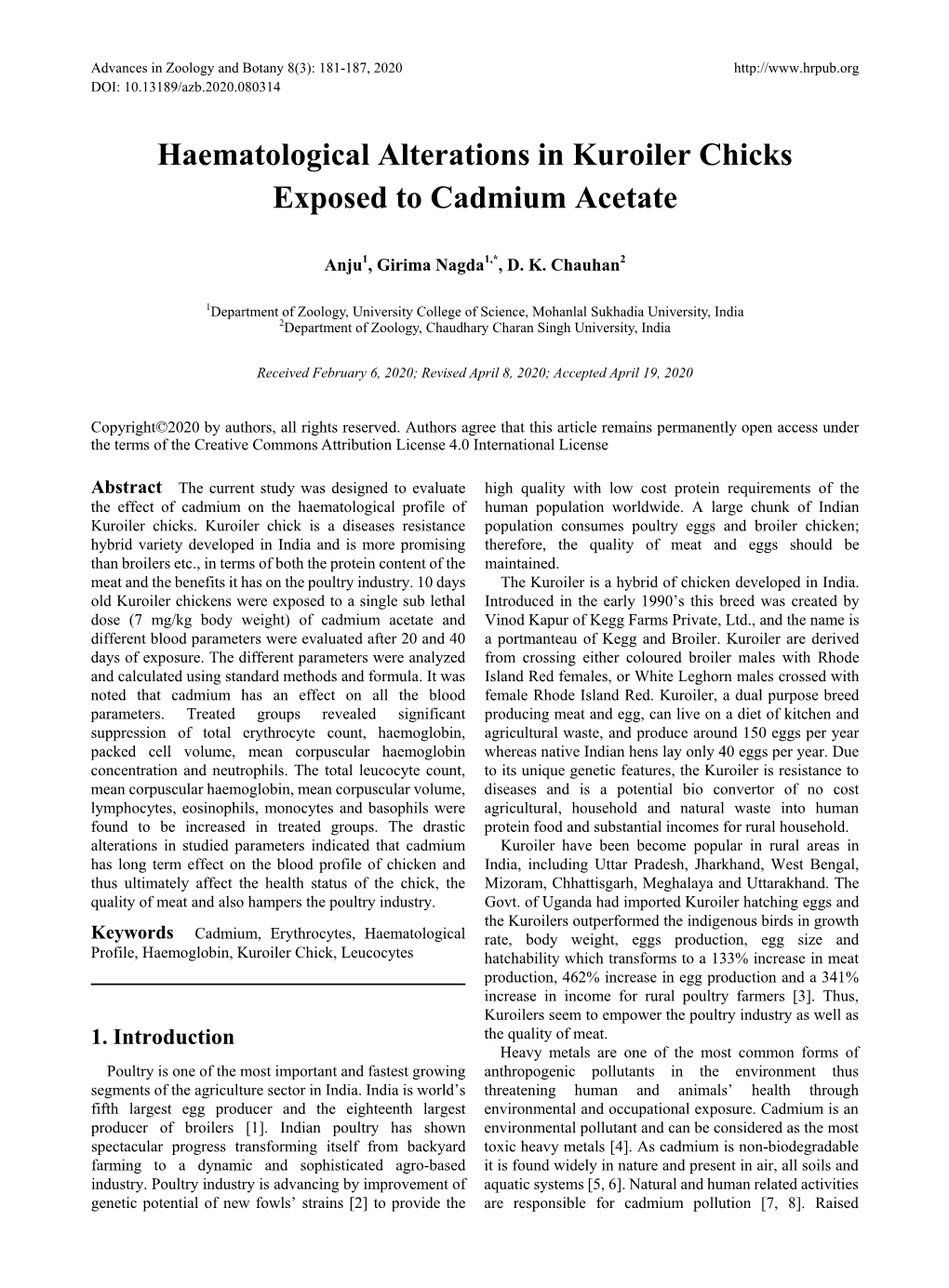 Haematological Alterations in Kuroiler Chicks Exposed to Cadmium Acetate