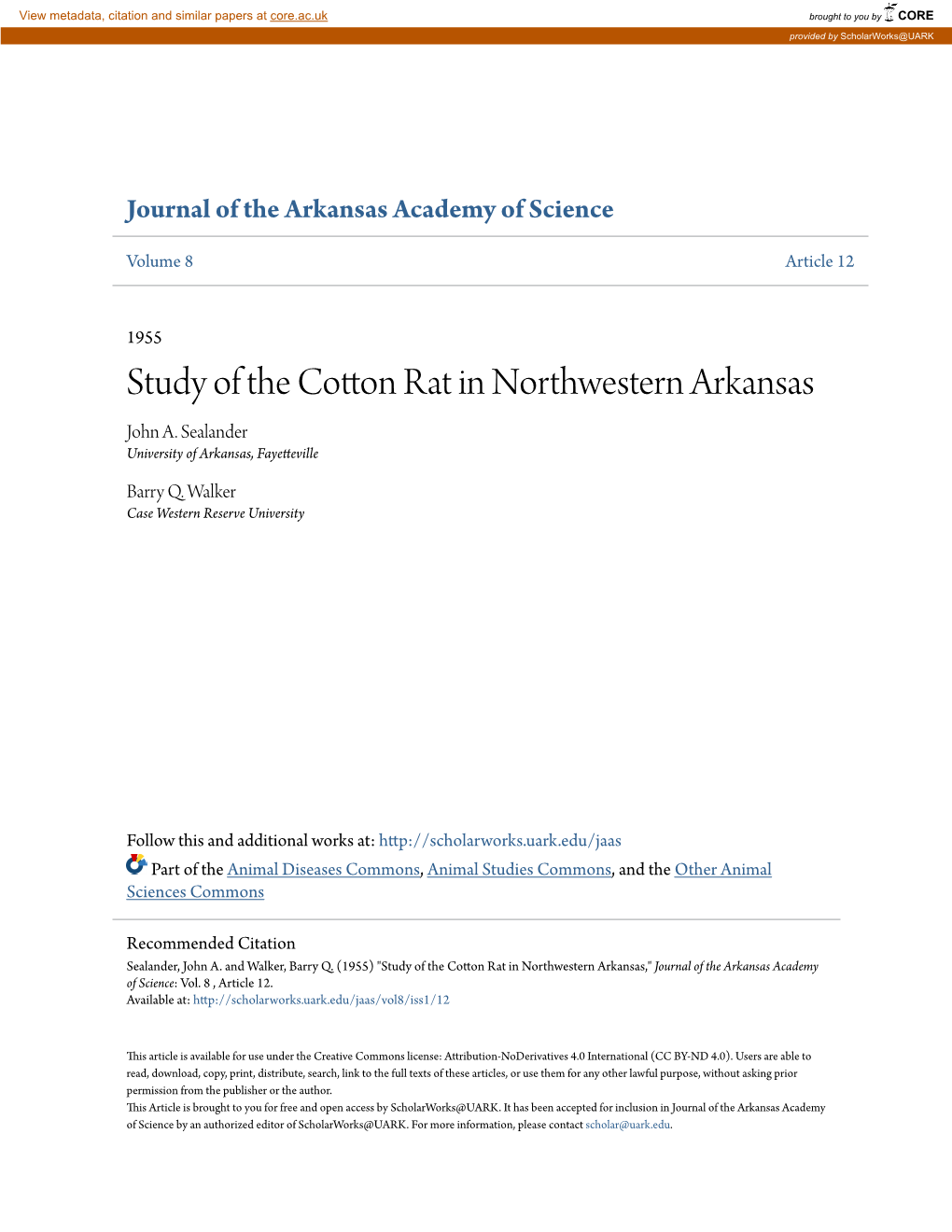 Study of the Cotton Rat in Northwestern Arkansas John A