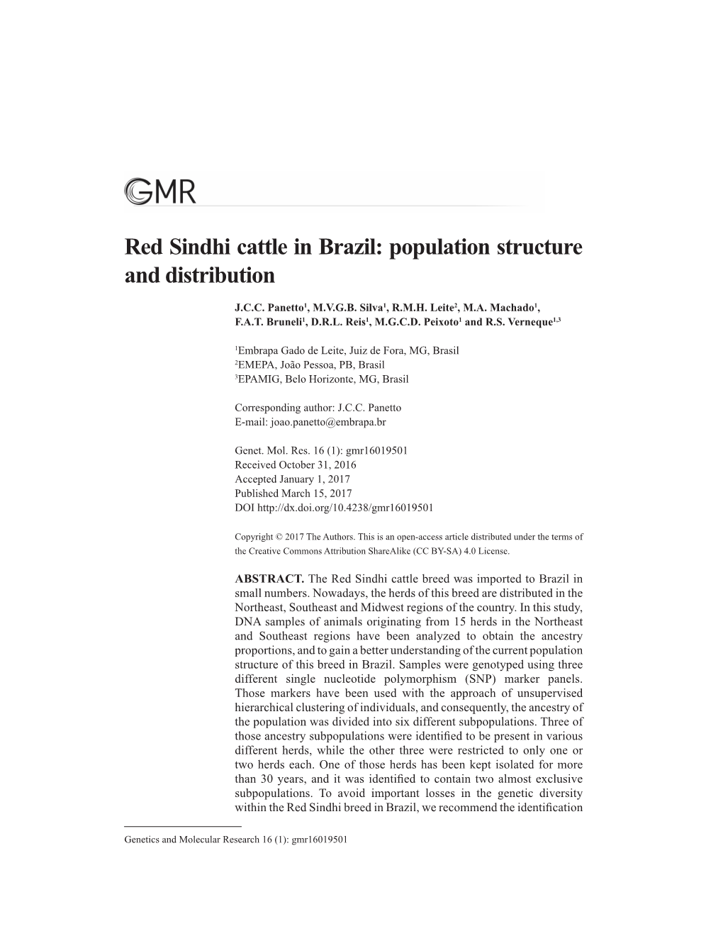 Red Sindhi Cattle in Brazil: Population Structure and Distribution