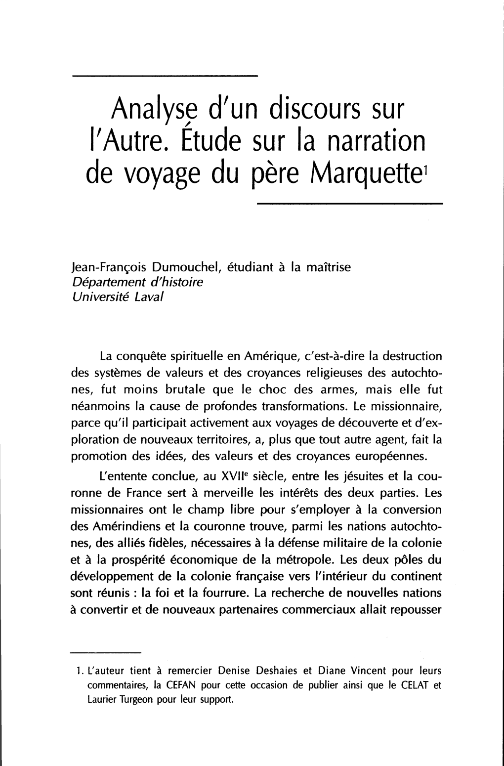 Analyse D'un Discours Sur L'autre. Étude Sur La Narration De Voyage Du Père Marquette1