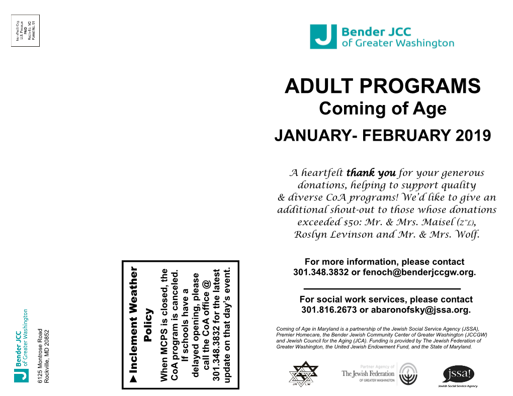 ADULT PROGRAMS Coming of Age