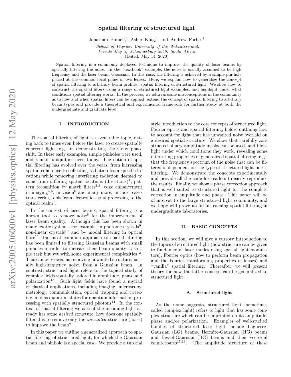 Arxiv:2005.06000V1 [Physics.Optics] 12 May 2020 of Classical Applications, Including Imaging, Microscopy, Metrology, Communication, Optical Trapping and Tweez- A