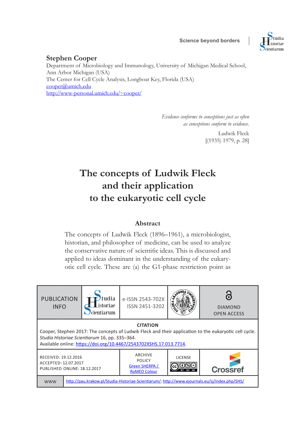 The Concepts of Ludwik Fleck and Their Application to the Eukaryotic Cell Cycle