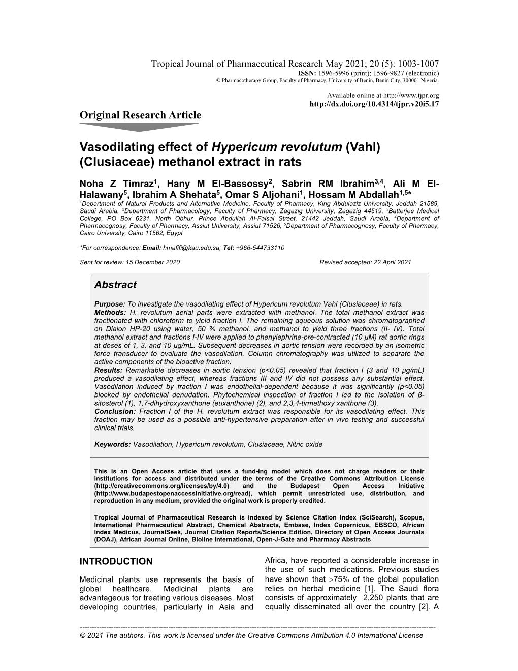 Vasodilating Effect of Hypericum Revolutum (Vahl) (Clusiaceae) Methanol Extract in Rats
