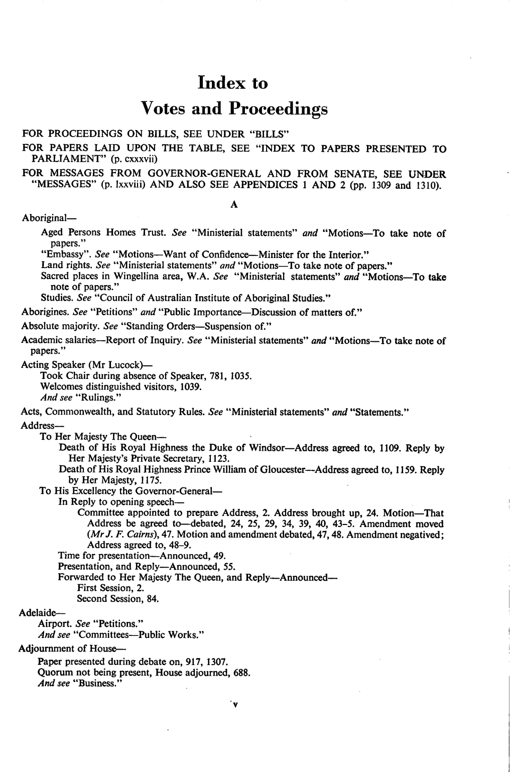 Index to Votes and Proceedings