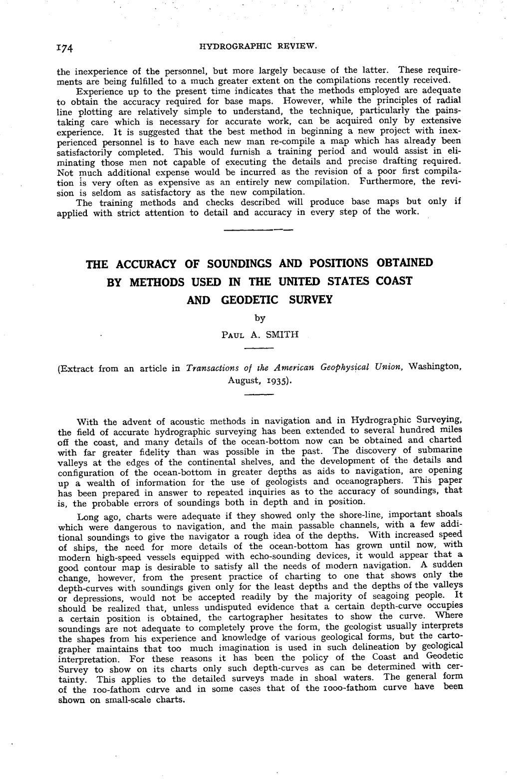 THE ACCURACY of SOUNDINGS and POSITIONS OBTAINED by METHODS USED in the UNITED STATES COAST and GEODETIC SURVEY By