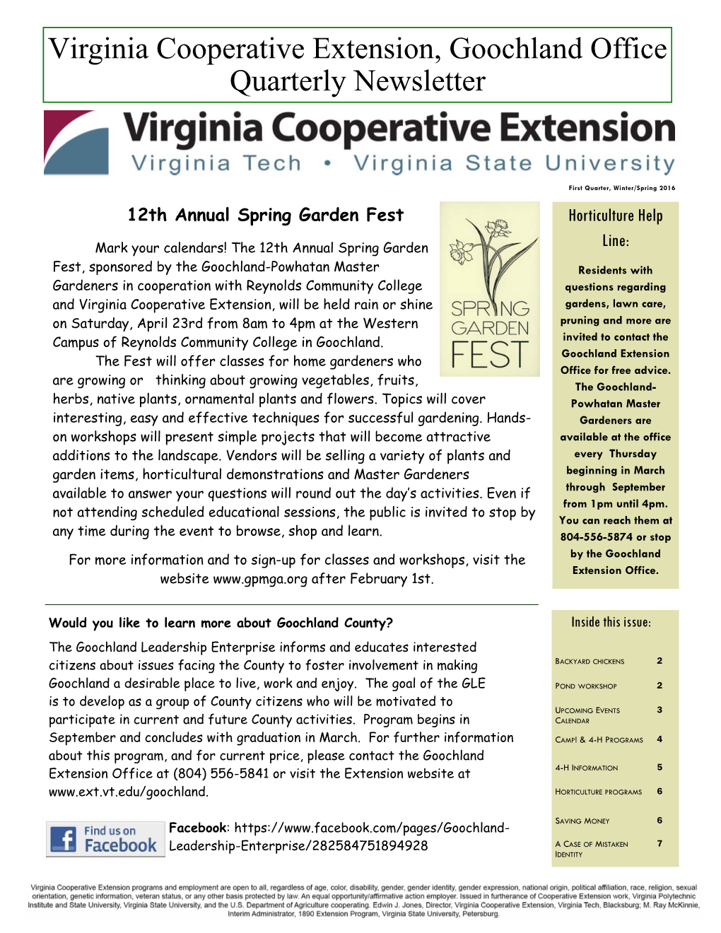Virginia Cooperative Extension, Goochland Office Quarterly Newsletter