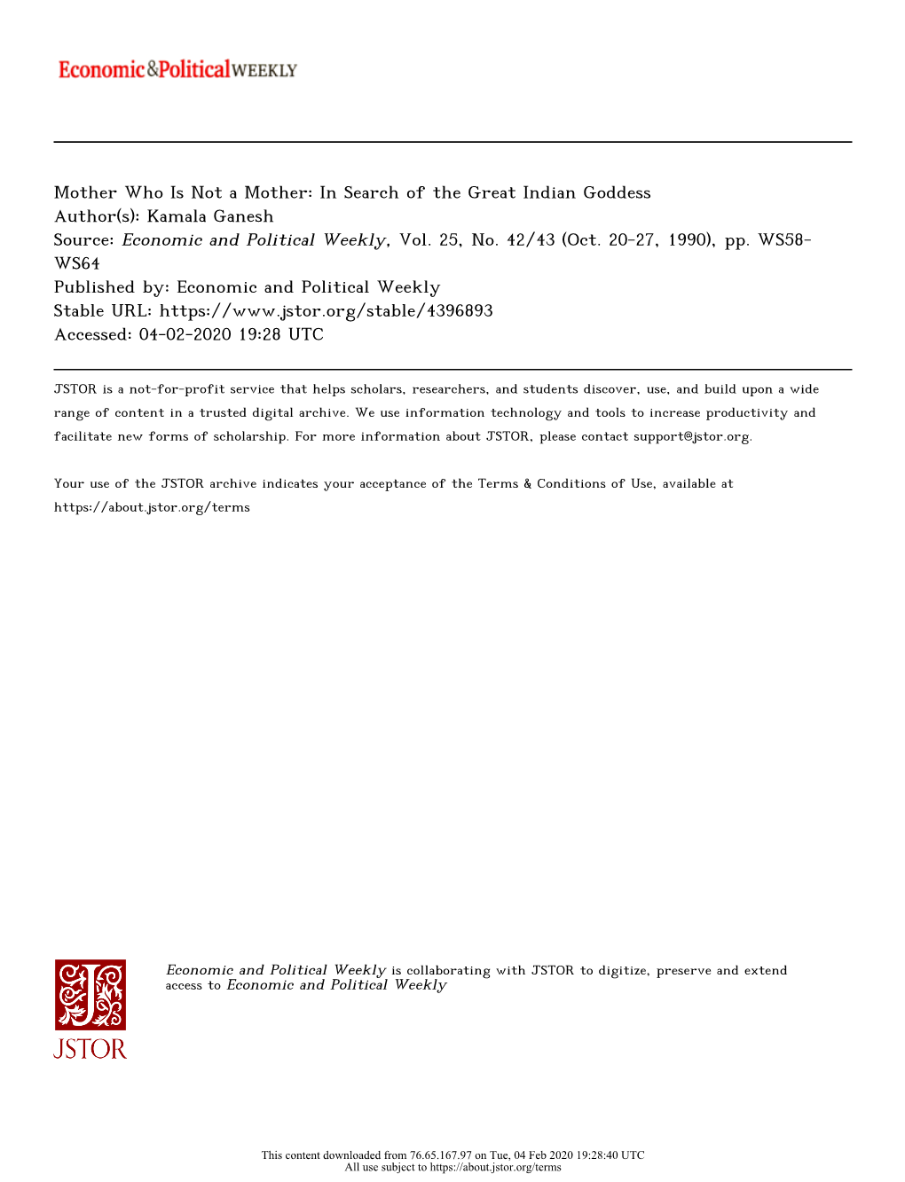 Mother Who Is Not a Mother: in Search of the Great Indian Goddess Author(S): Kamala Ganesh Source: Economic and Political Weekly, Vol