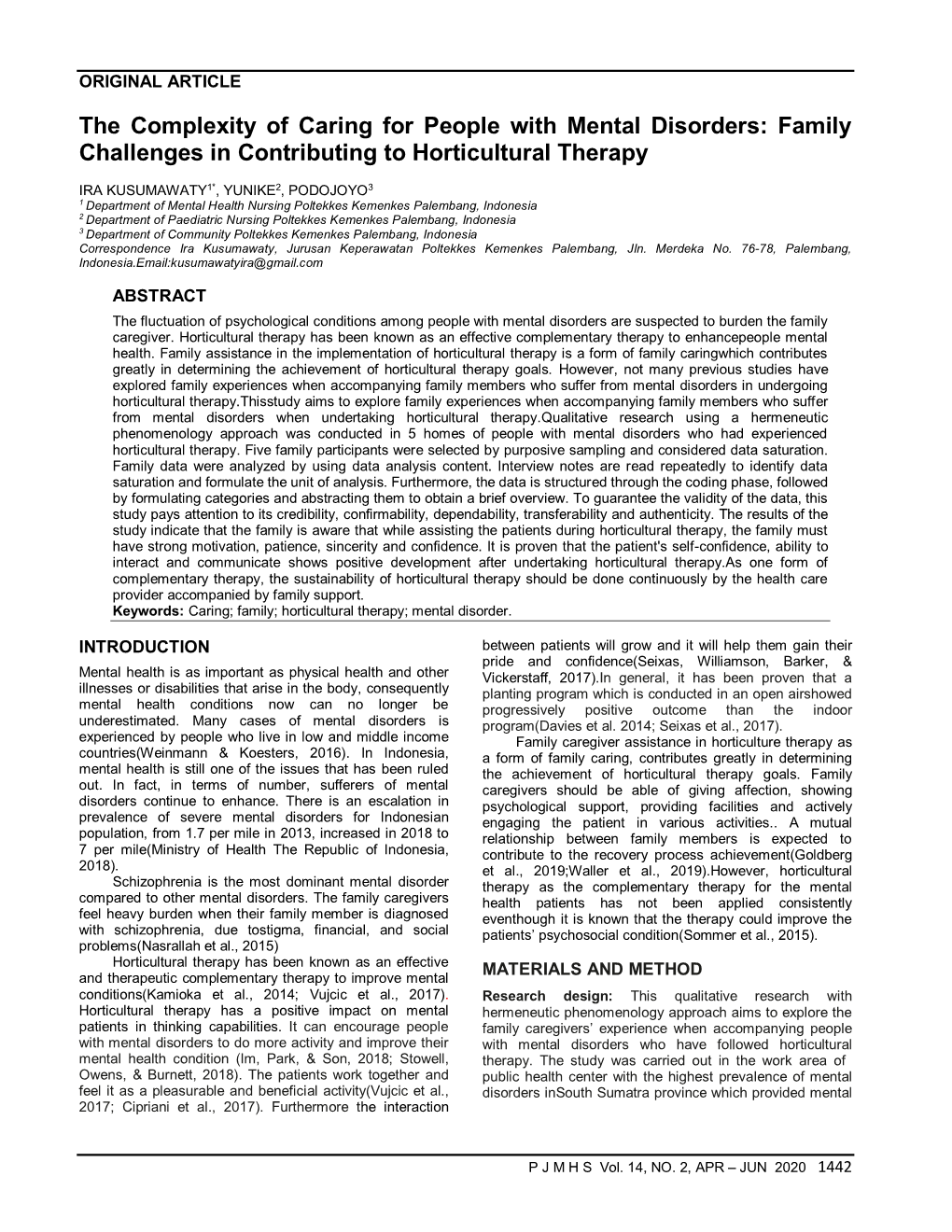 The Complexity of Caring for People with Mental Disorders: Family Challenges in Contributing to Horticultural Therapy