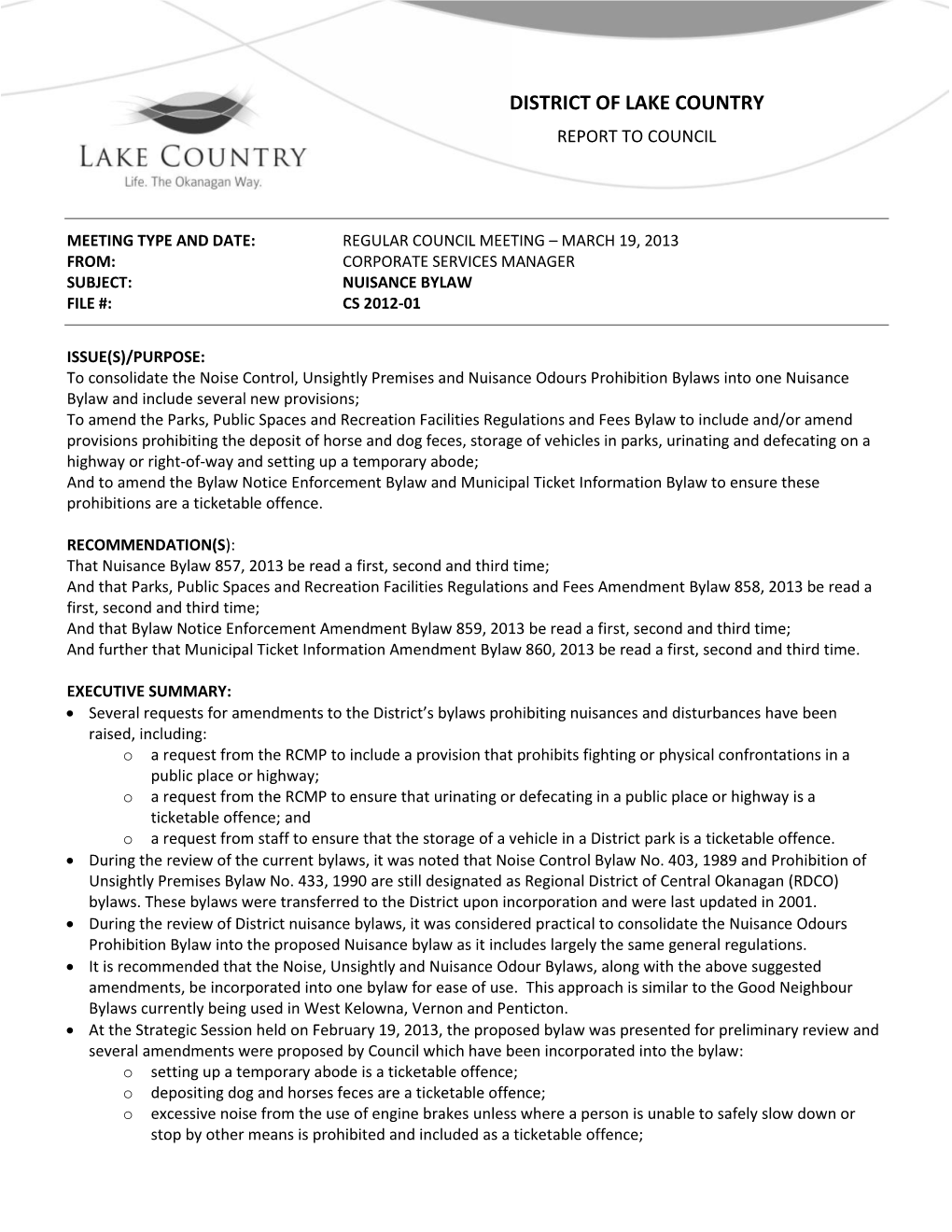 District of Lake Country Report to Council