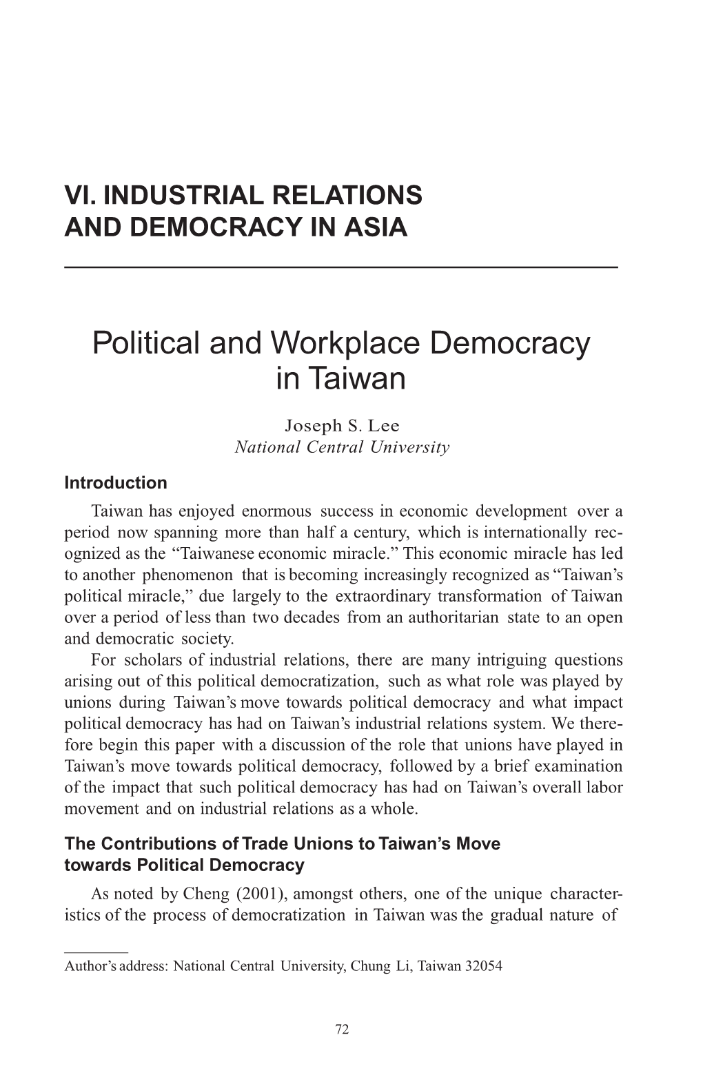 Political and Workplace Democracy in Taiwan