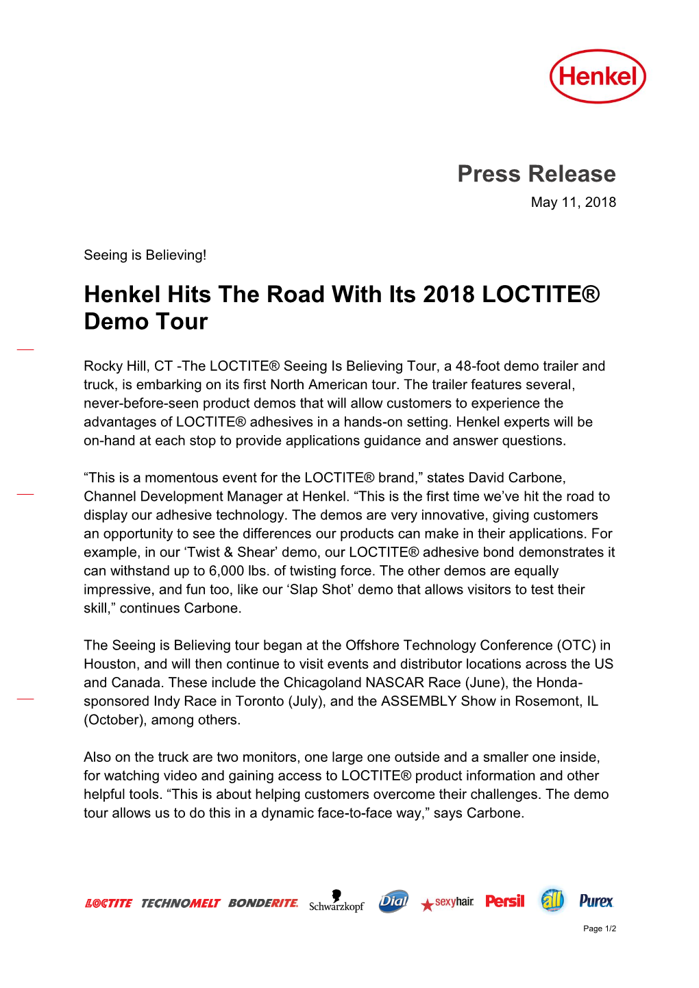 Press Release Henkel Hits the Road with Its 2018 LOCTITE® Demo Tour