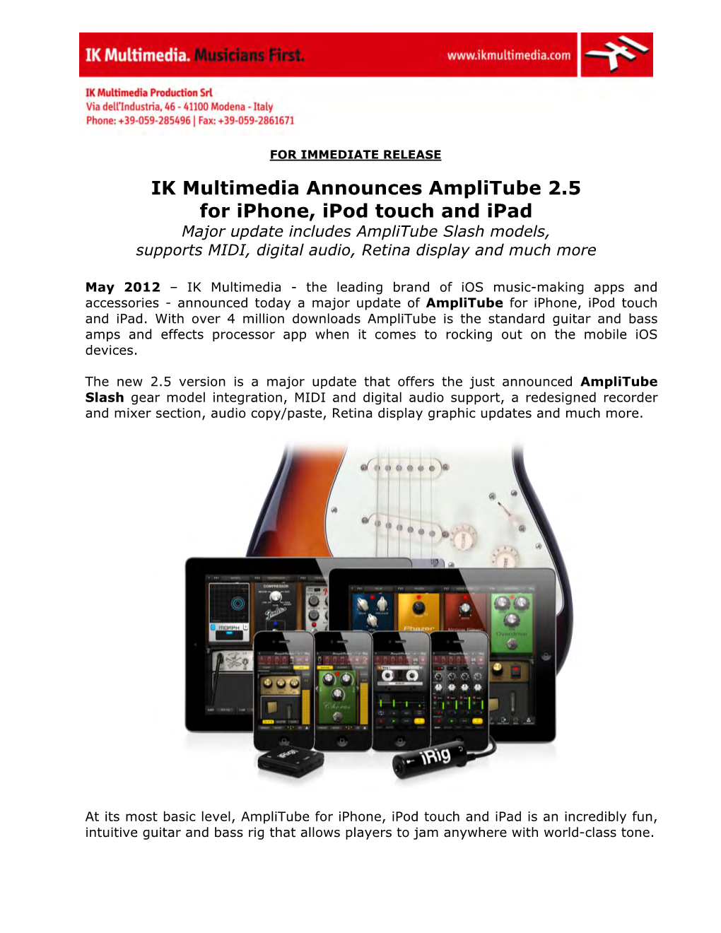 IK Multimedia Announces Amplitube 2.5 for Iphone, Ipod Touch and Ipad