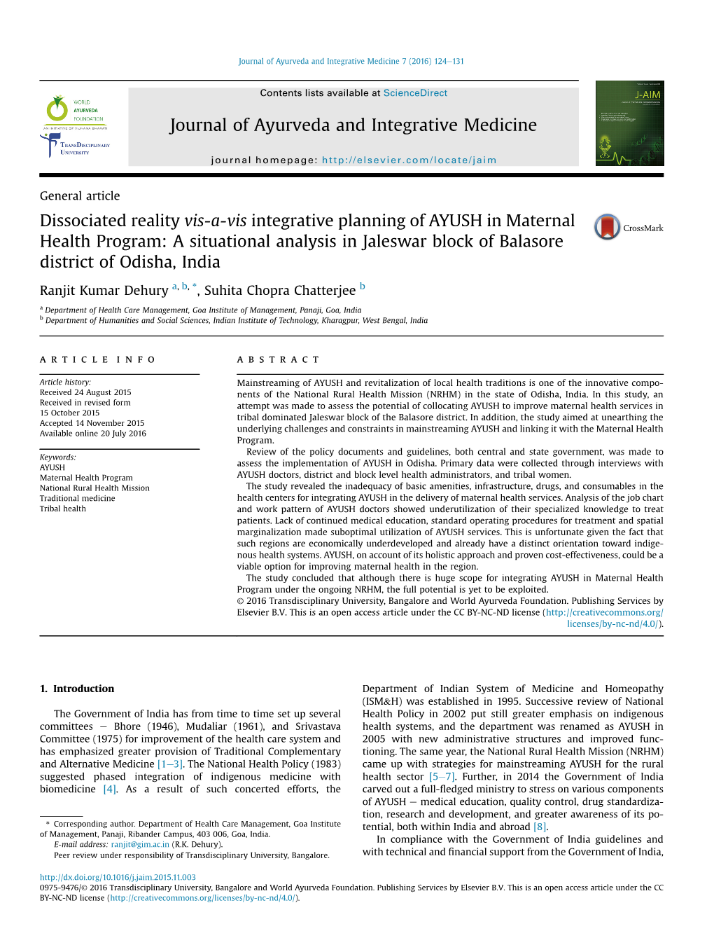 Dissociated Reality Vis-A-Vis Integrative Planning of AYUSH in Maternal Health Program: a Situational Analysis in Jaleswar Block of Balasore District of Odisha, India