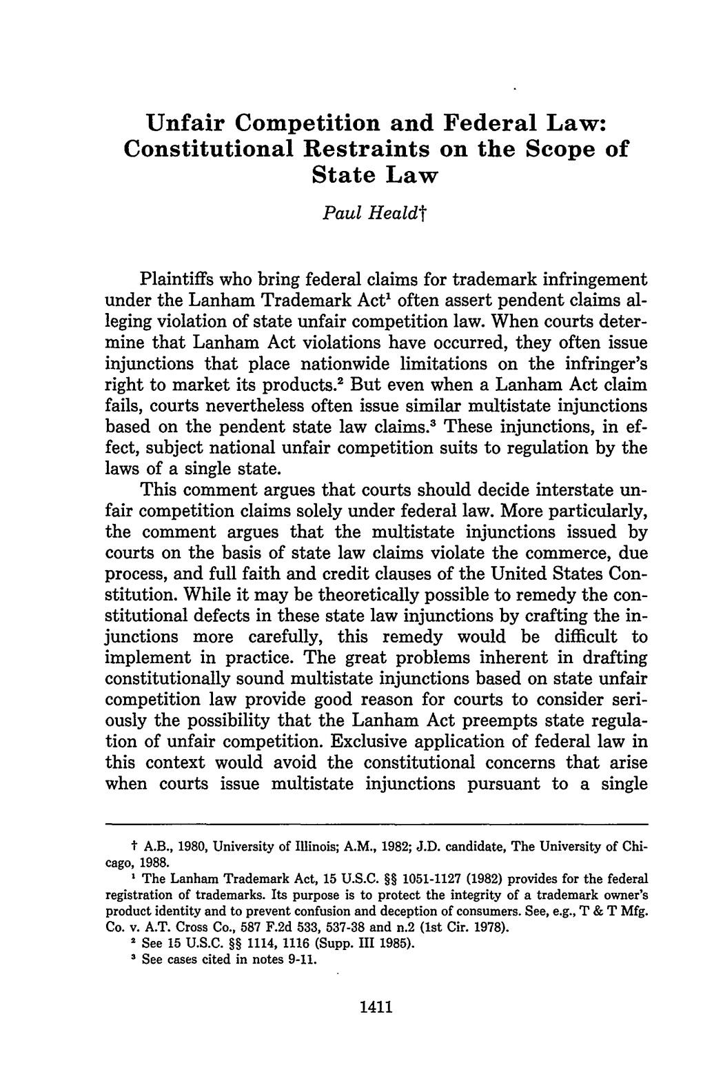 Unfair Competition and Federal Law: Constitutional Restraints on the Scope of State Law Paul Healdt