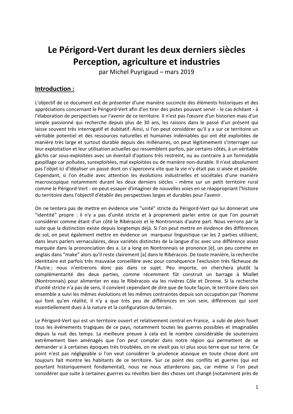 Le Périgord-Vert Durant Les Deux Derniers Siècles Perception, Agriculture Et Industries Par Michel Puyrigaud – Mars 2019