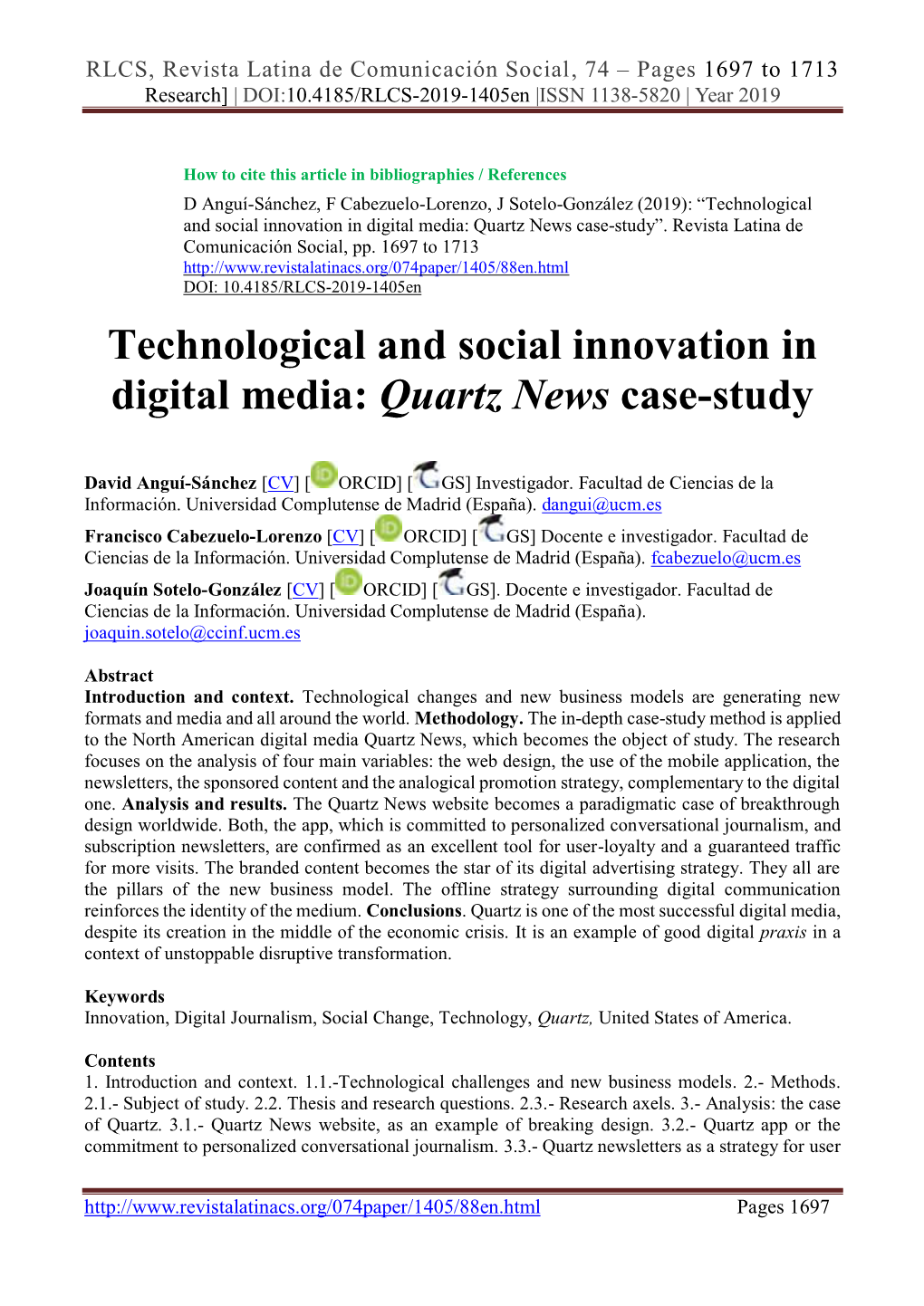 Technological and Social Innovation in Digital Media: Quartz News Case-Study”