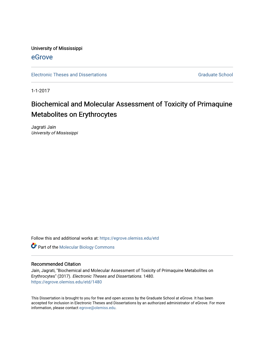 Biochemical and Molecular Assessment of Toxicity of Primaquine Metabolites on Erythrocytes