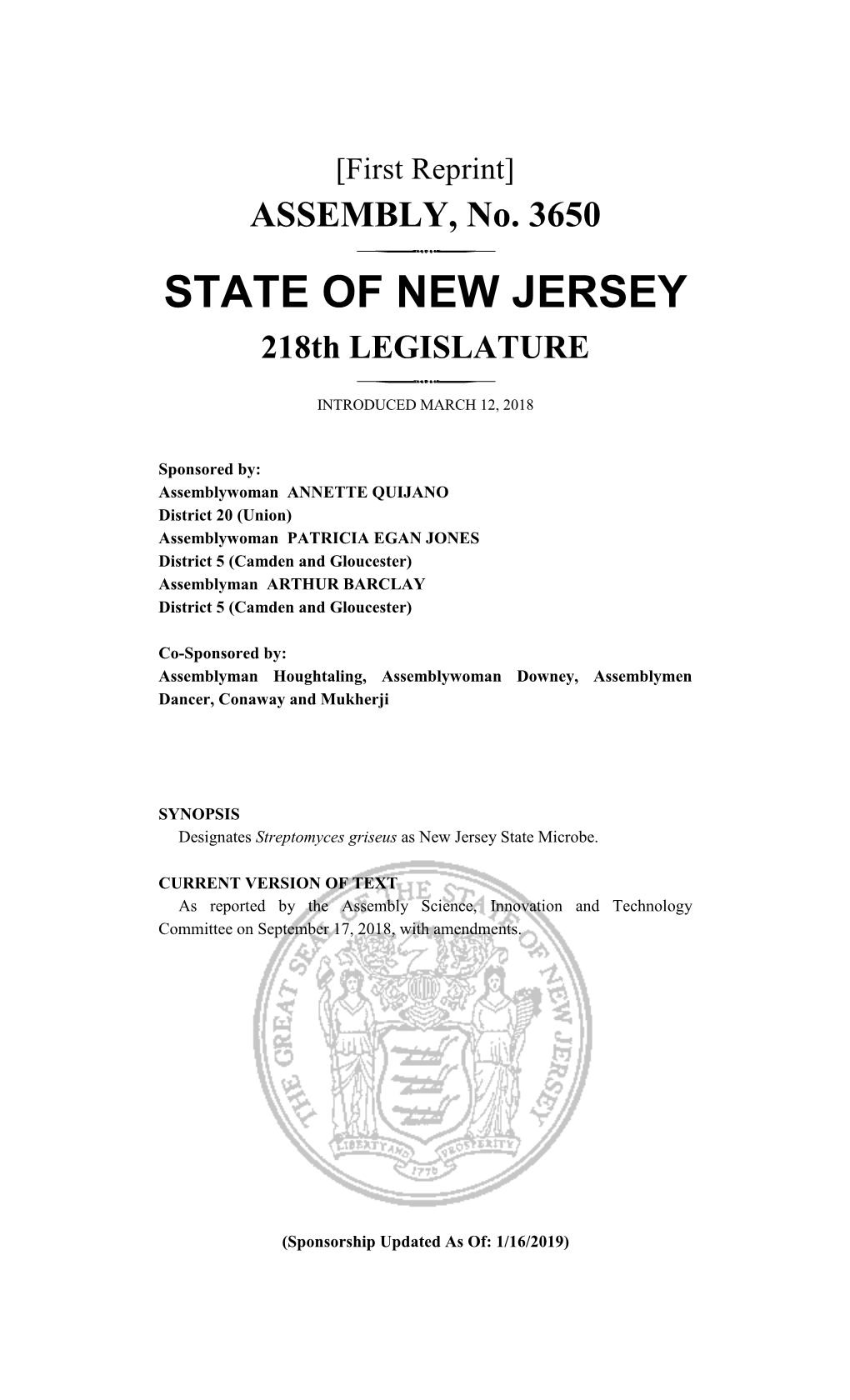 STATE of NEW JERSEY 218Th LEGISLATURE