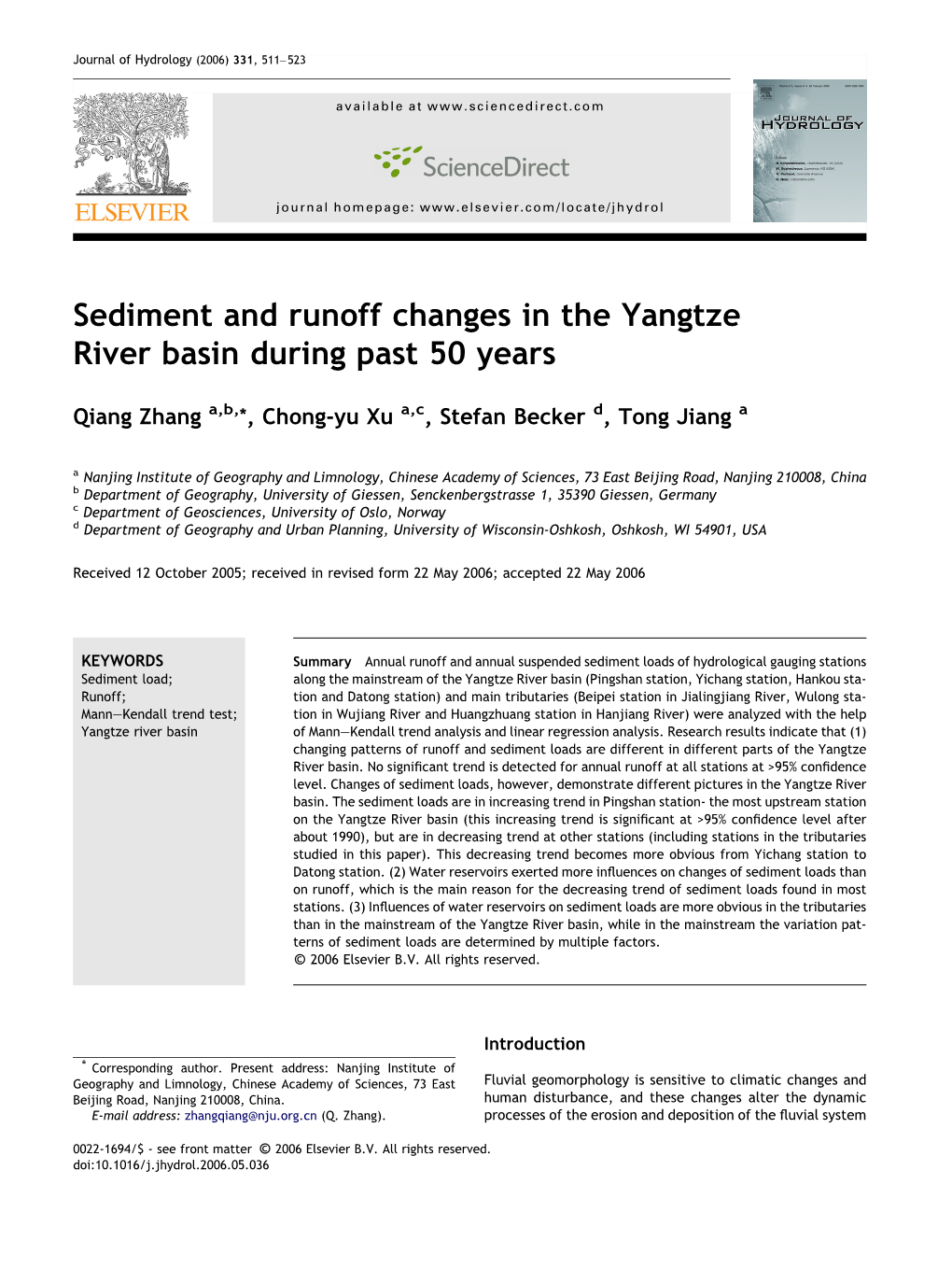 Sediment and Runoff Changes in the Yangtze River Basin During Past 50 Years