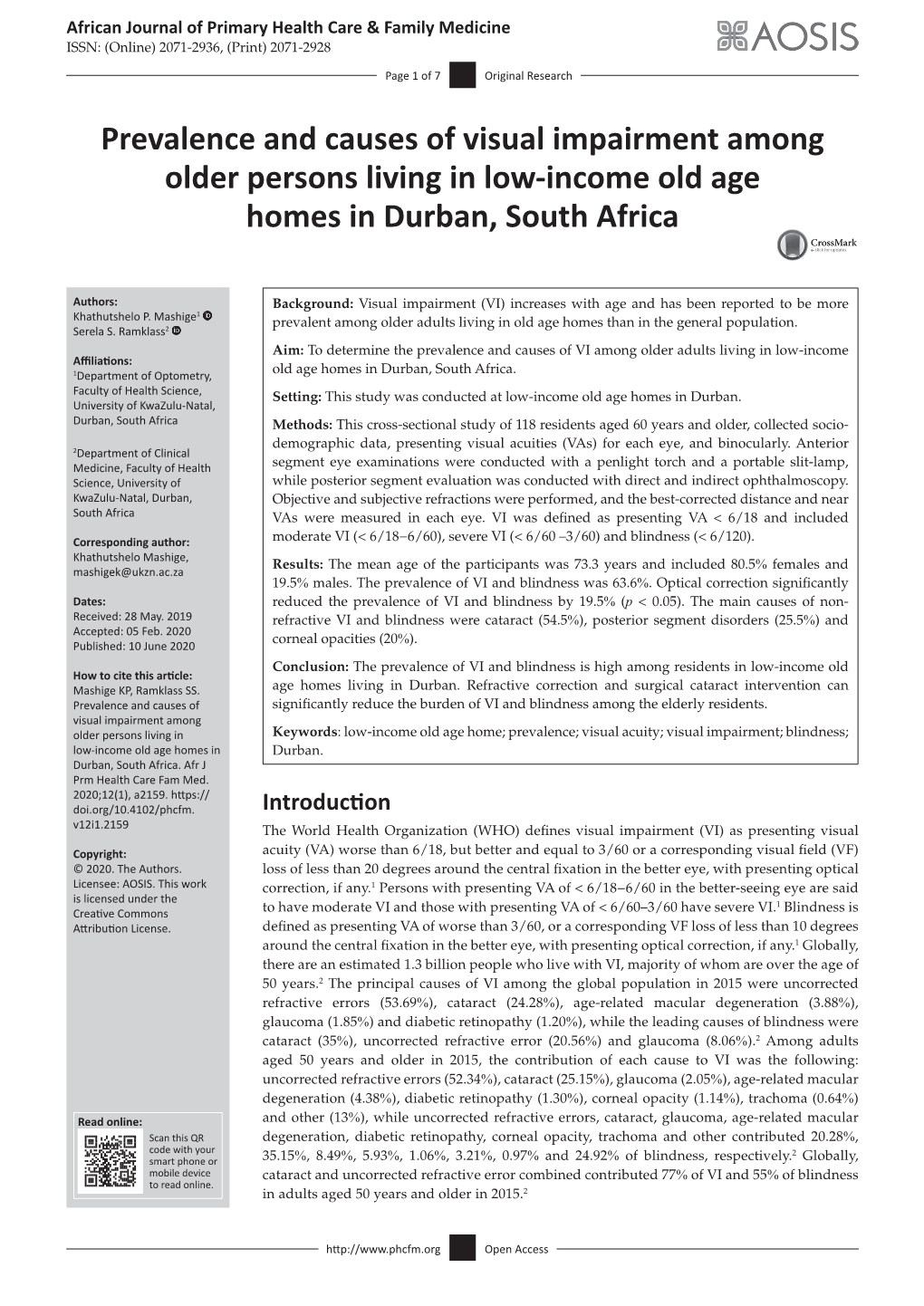 Prevalence and Causes of Visual Impairment Among Older Persons Living in Low-Income Old Age Homes in Durban, South Africa