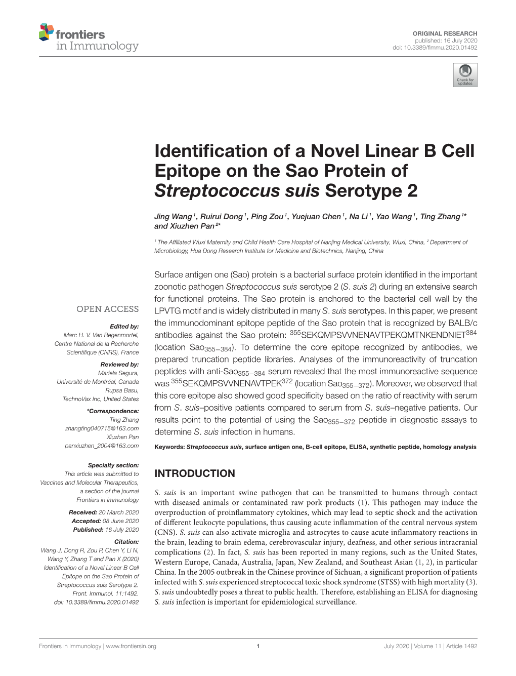 Identification of a Novel Linear B Cell Epitope on the Sao Protein Of