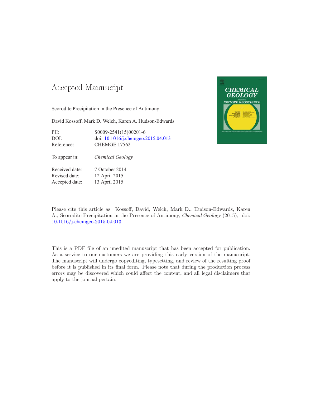 Scorodite Precipitation in the Presence of Antimony