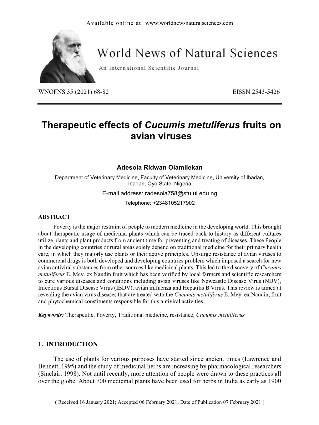 Therapeutic Effects of Cucumis Metuliferus Fruits on Avian Viruses