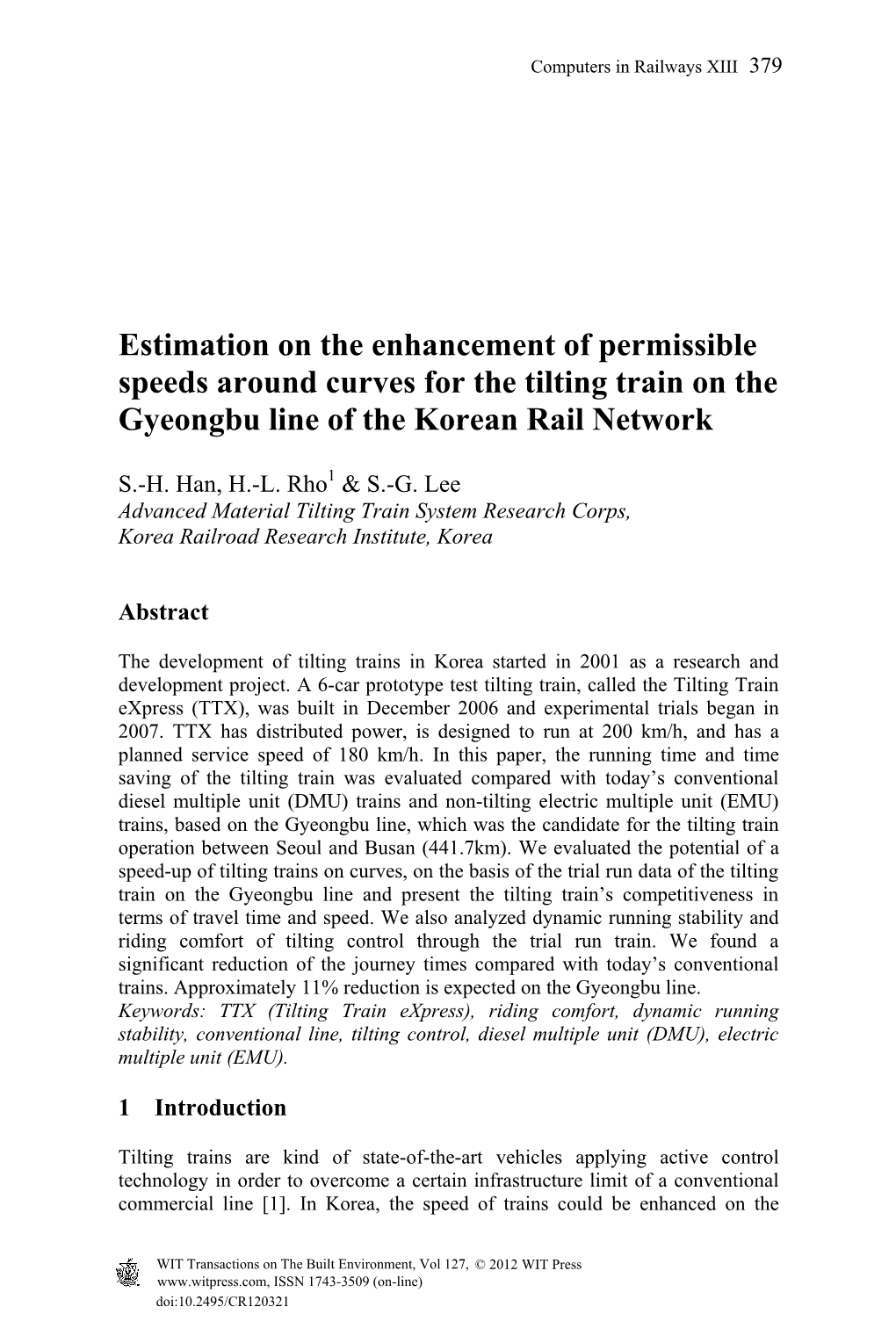 Estimation on the Enhancement of Permissible Speeds Around Curves for the Tilting Train on the Gyeongbu Line of the Korean Rail Network