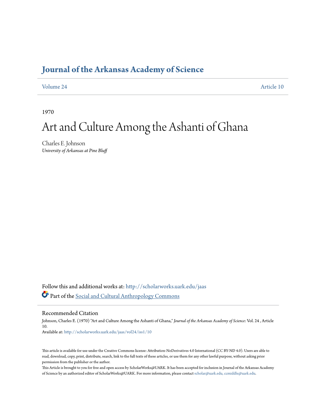 Art and Culture Among the Ashanti of Ghana Charles E