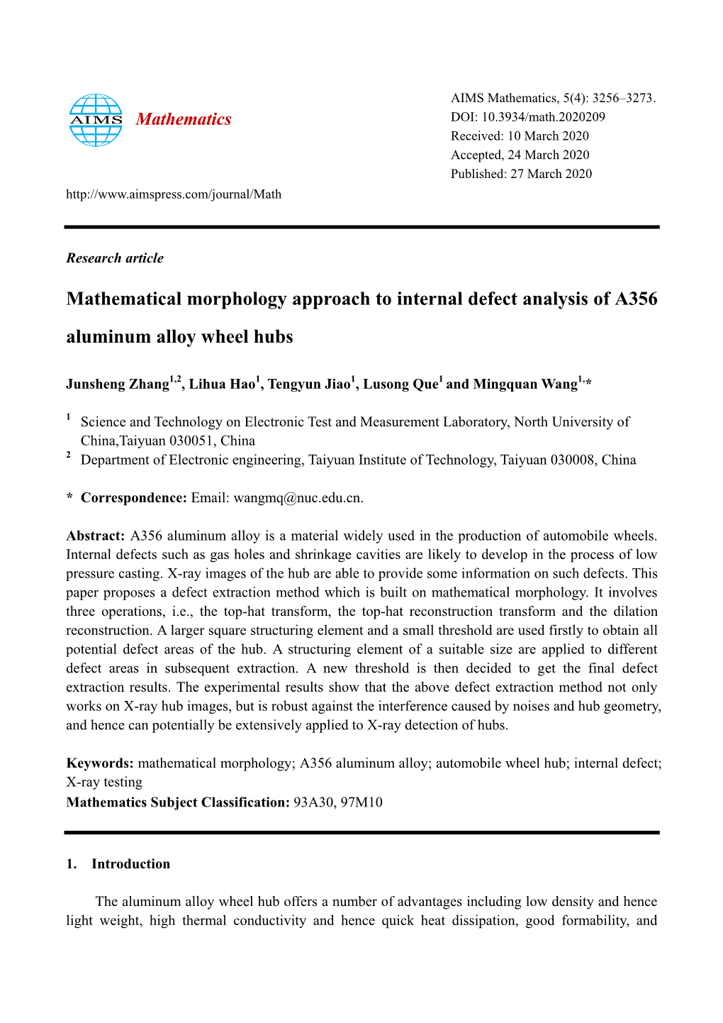 Mathematical Morphology Approach to Internal Defect Analysis of A356 Aluminum Alloy Wheel Hubs