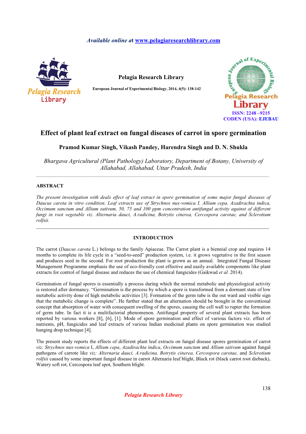 Effect of Plant Leaf Extract on Fungal Diseases of Carrot in Spore Germination