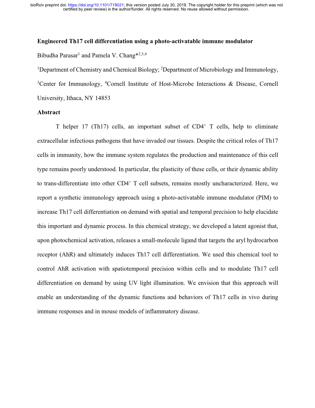 Engineered Th17 Cell Differentiation Using a Photo-Activatable Immune Modulator