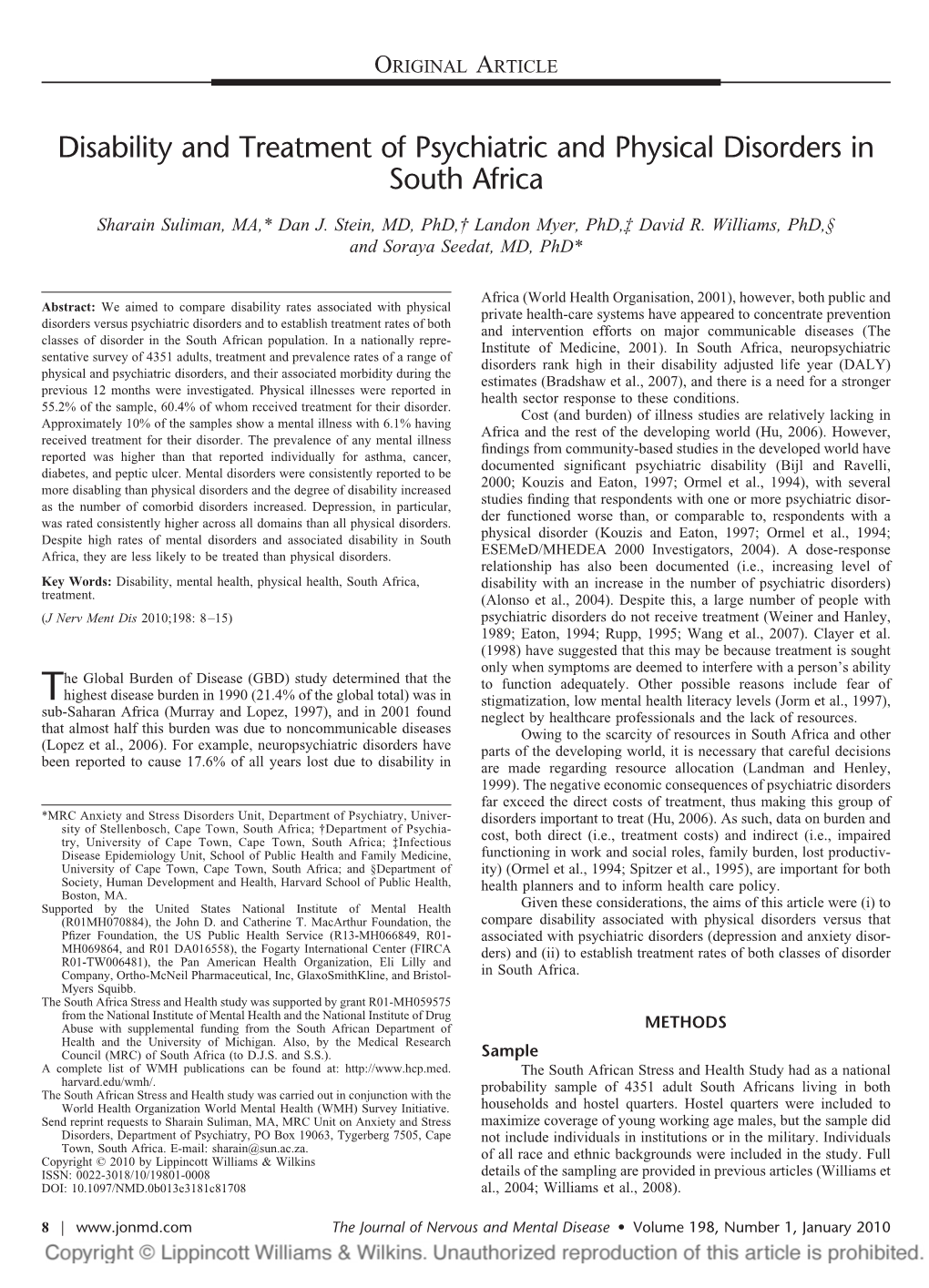 Disability and Treatment of Psychiatric and Physical Disorders in South Africa