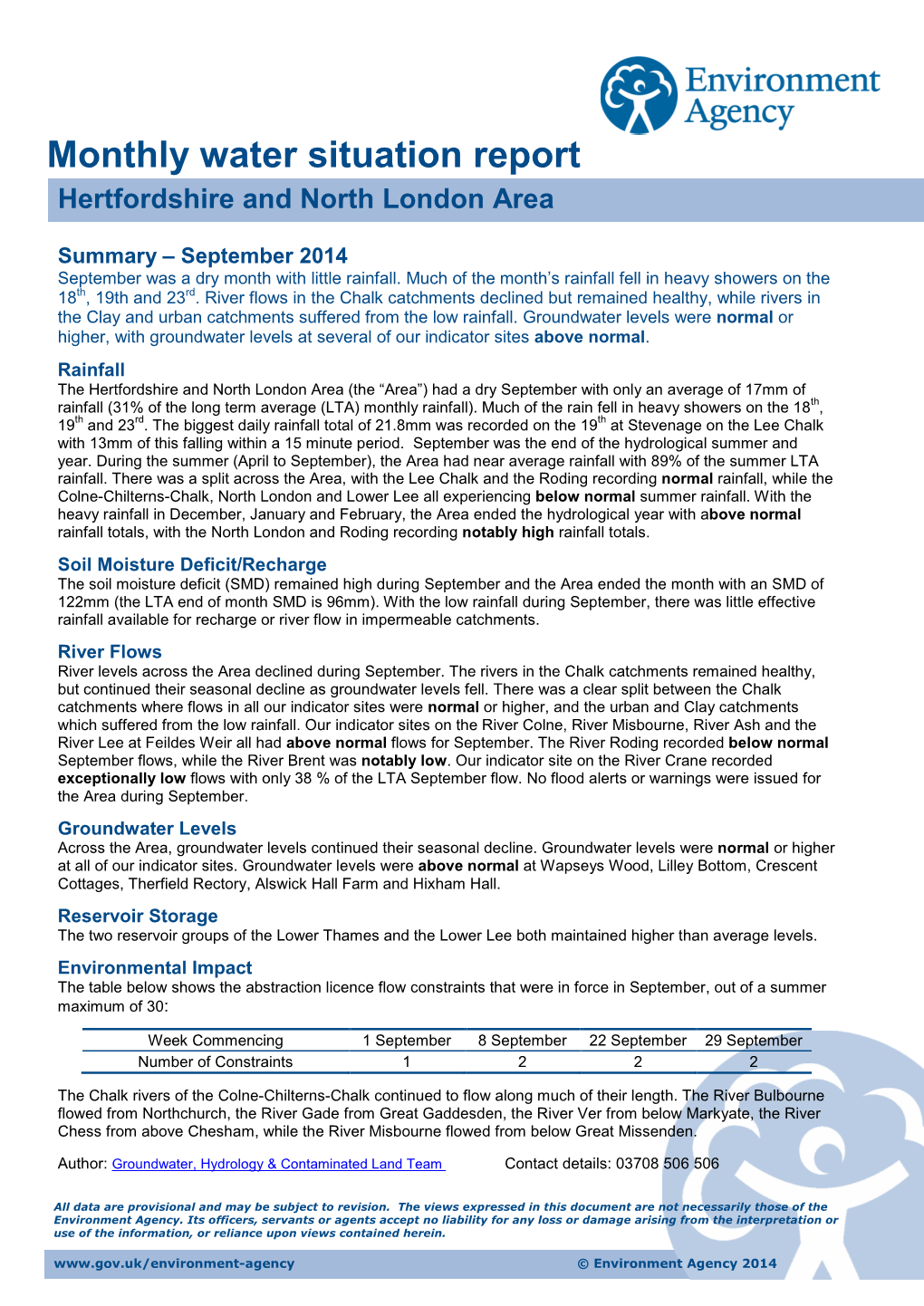 Water Situation Report Hertfordshire and North London Area