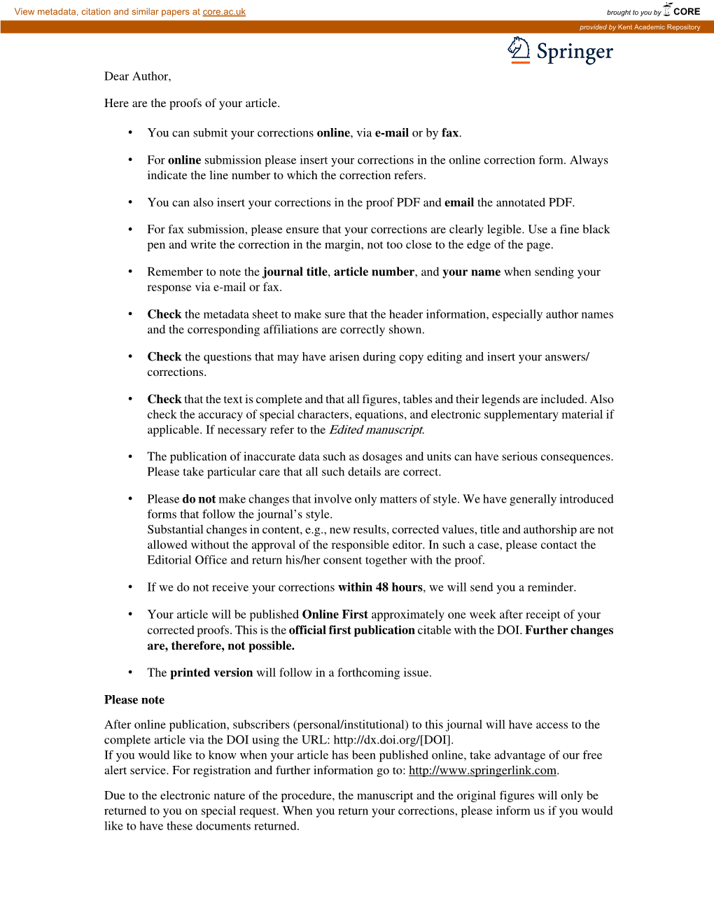 Dear Author, Here Are the Proofs of Your Article. • You Can Submit Your Corrections Online, Via E-Mail Or by Fax. • for On